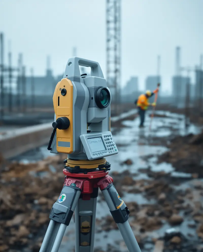 Tachymeter auf einem Stativ auf einer Baustelle, Mitarbeiter im Hintergrund